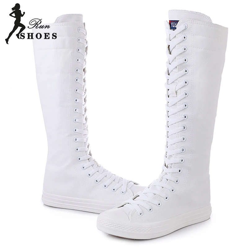 New Fashion Women Canvas Boots Spring Autumn Casual Shoes High Top Long Knight Boots Lace-Up Zipper Comfortable Flats Sneakers