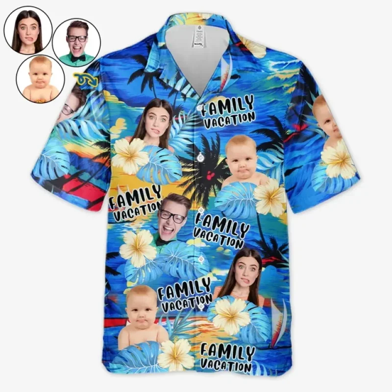 Custom Photo Family Trip Beach Shirts Personalized Diy Face Tropical Hawaiian Aloha Shirt Summer Vacation Shirts Family Members