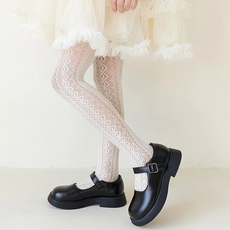 Lolita Girls Vertical Stripe Diamond Hollow Lace Mesh Pantyhose Cozy Wear Resistant Elastic Knit Elegant Sweet Princess Leggings
