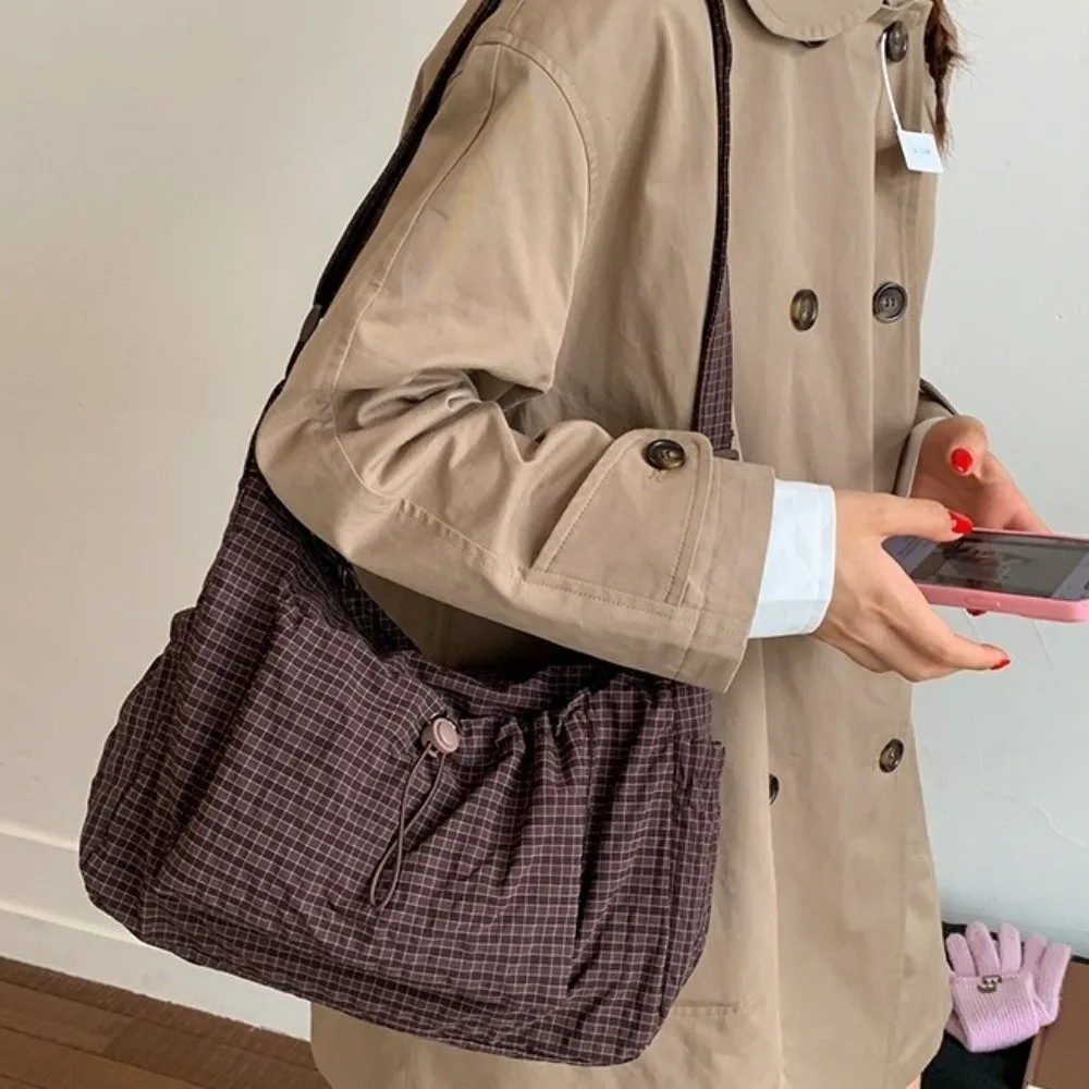 

Adjustable Strap Plaid Crossbody Shoulder Bag Pleated Zipper Large Capacity Drawstring Handbag Tote Cloth