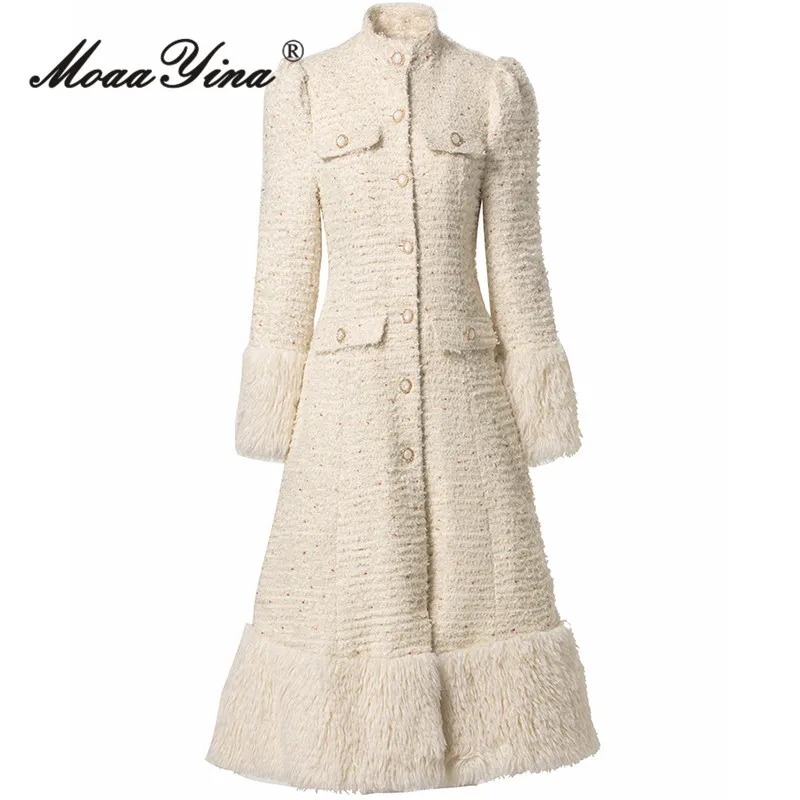 

MoaaYina Autumn And Winter Standing Collar Coat Long Sleeved Single Breasted Four Pocket Knitted S-4XL Coat Jacket