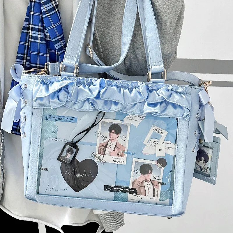 Japanese Original Sweet Cute Wave Satin Pain Bag Crossbody Shoulder Handbag Large Capacity Ribbon Bow Shopping Bags For Girls