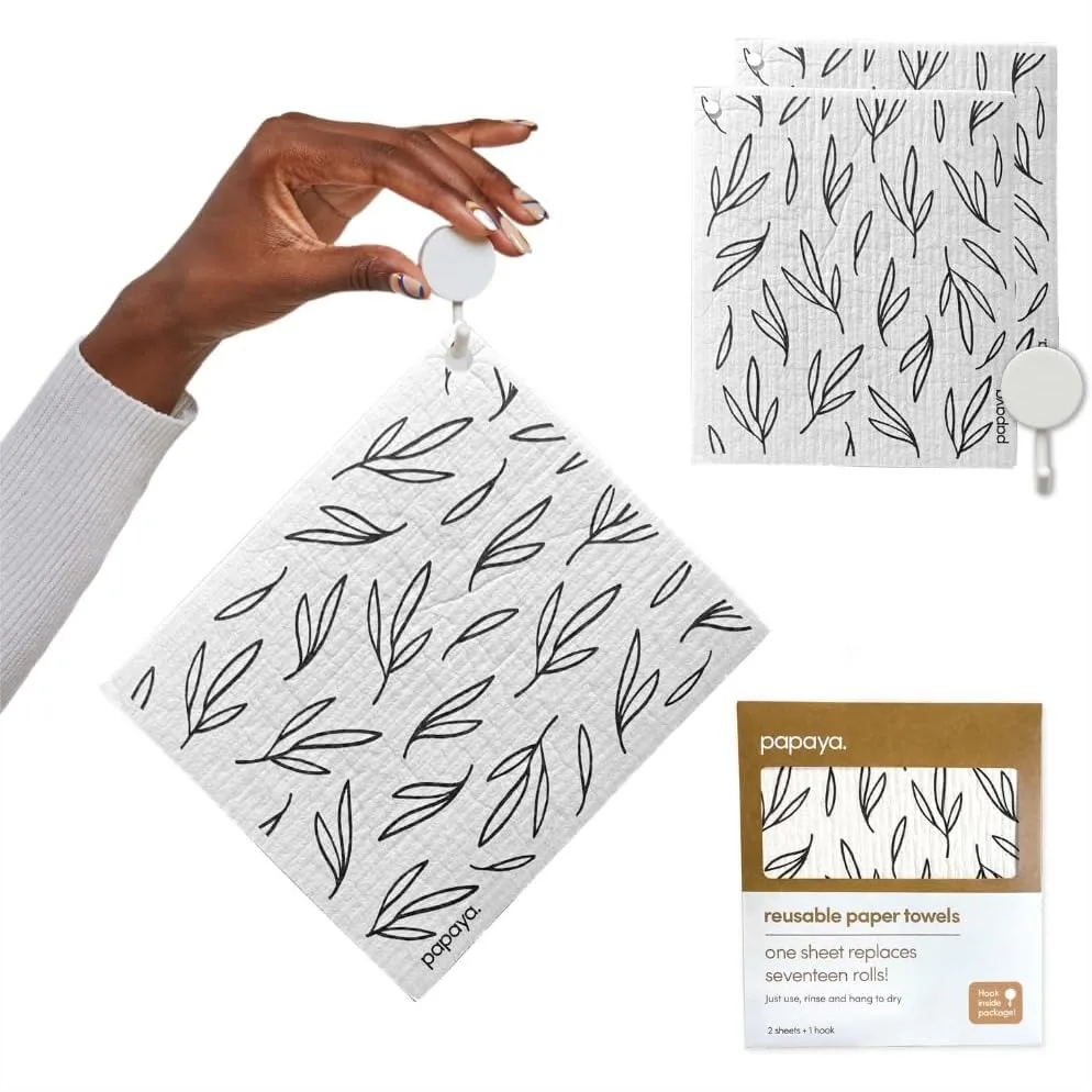 

Reusable Paper Towels, Premium Swedish Dishcloths with Hook, Non-Scratch, 1 Sheet Replaces 17 Rolls - 2 Sheets, 1 Hook
