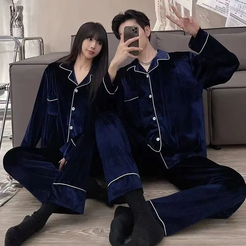 Couple Pajamas for Men Velvet Winter Sleepwear Korean Sleeping Night Wear Solid Pijama 2 Pcs Pants Sets Button Pocket Home Suit