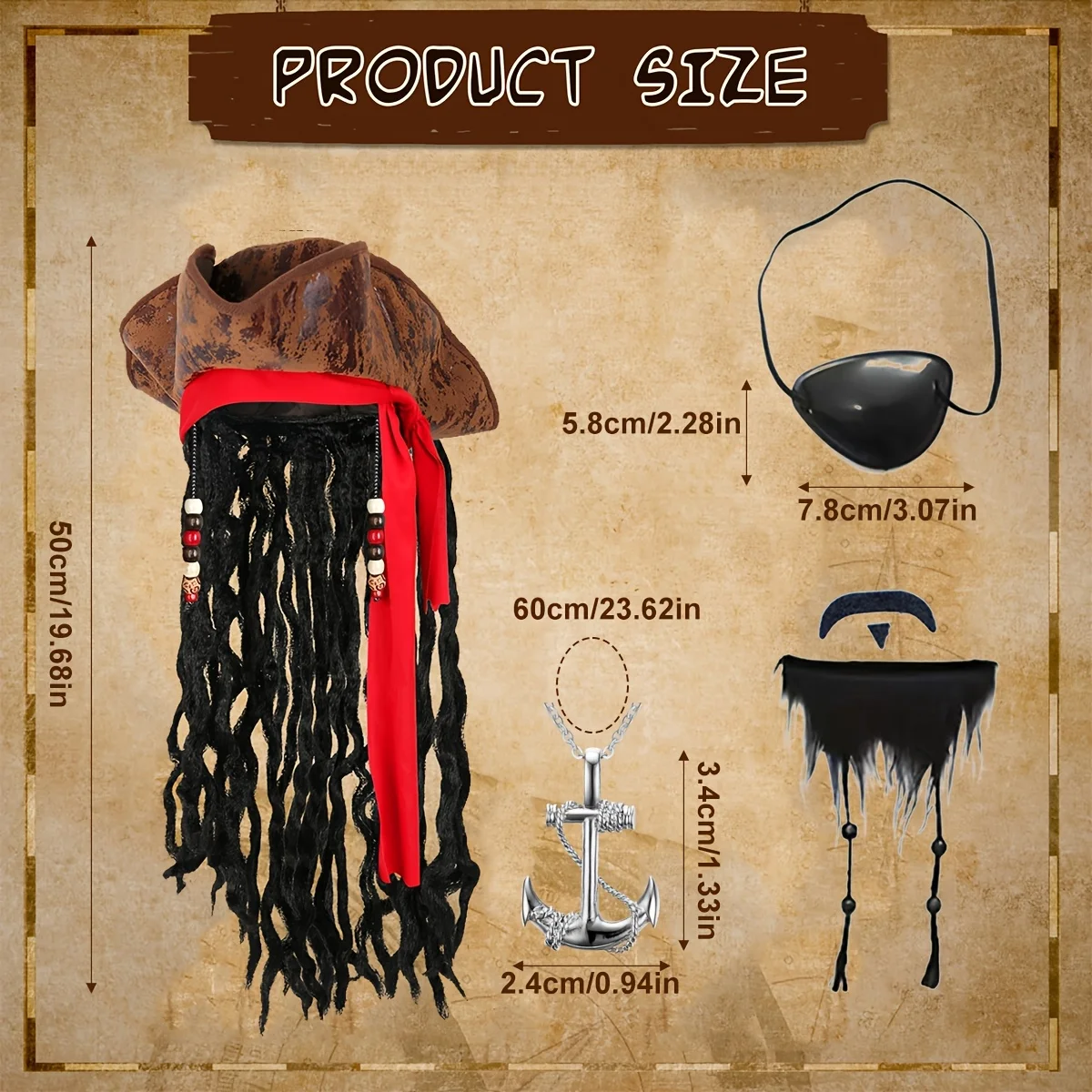 Ensemble d'accessoires de costume de pirate – Chapeau de pirate en polyester avec tresse, cache-yeux, collier et fausse barbe – Idéal pour Halloween, Carniv