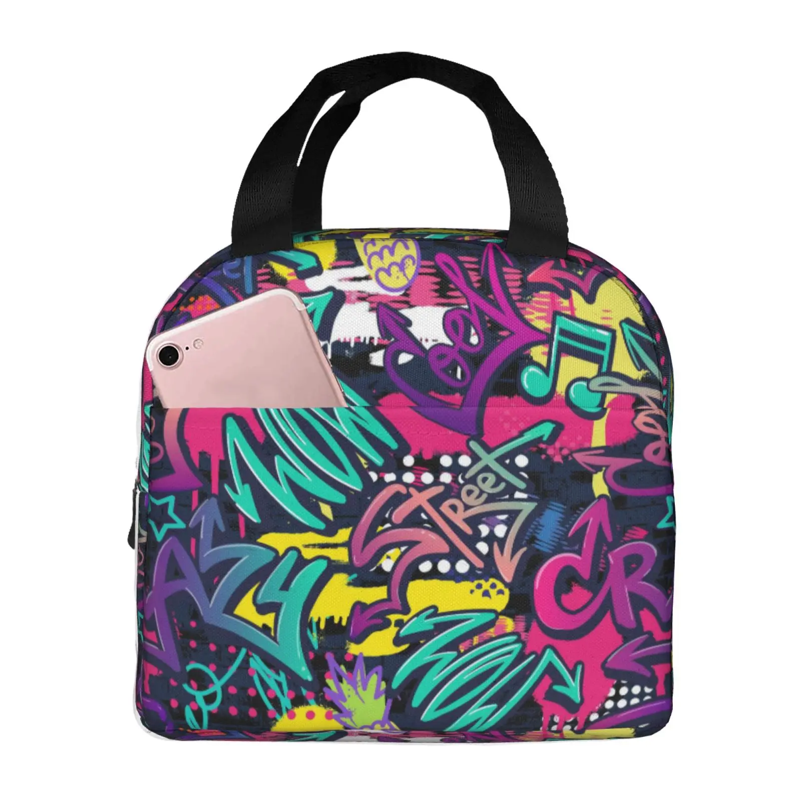 Street Hip‑Hop Graffiti Art Print Insulated Lunch Bag Portable Handheld Cooler Tote Food Container for Picnic School Work Unisex