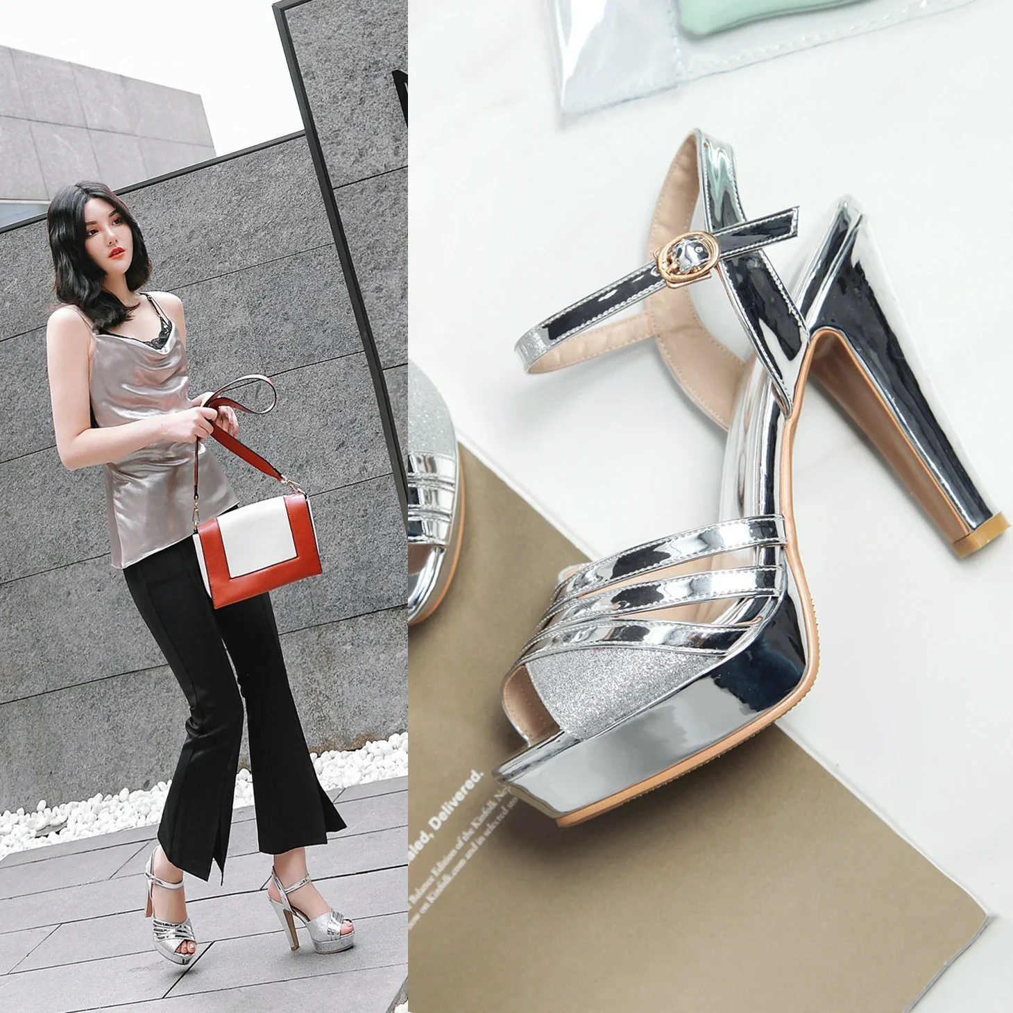 Silver Wedding Shoes Women Platform Sandals High Chunky Heels Party Office Ankle Strap Summer Gold Glitter Lady Gladiator Shoes