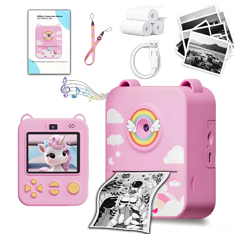 Kids Instant Print Camera Pink Unicorn 1080P HD 3s/5s/10s Thermal Printer for Girls Boys Educational Toy Birthday Christmas Gift