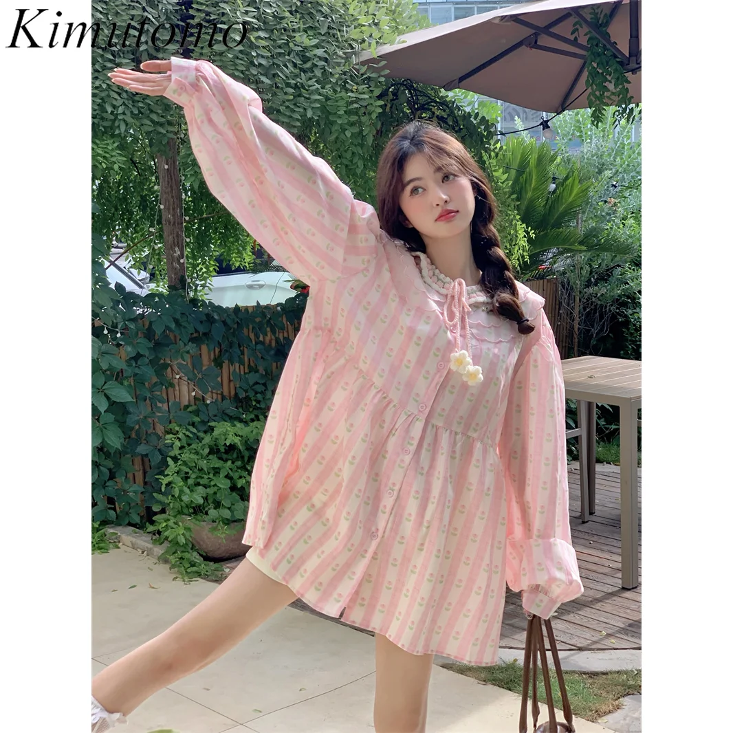 Kimutomo Heavy Industry Embroidery Pink Dress for Women Mesh Peter Pan Collar Loose Mini Dresses Korean Single Breasted Shirt