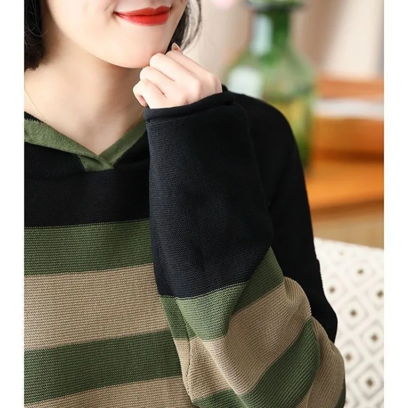 Women\'s Autumn Winter New Fashion Hooded Pullover Stripe Casual Versatile Long Sleeve Loose Medium Length Sweater Knit Tops