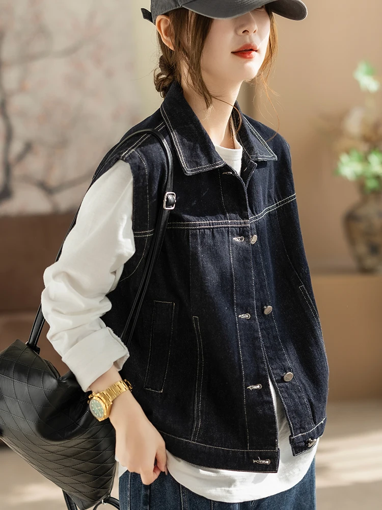 

Casual Sle Denim Vest Women's Loose Svel Patchwork Jaet Spring Autumn New Faion Side ket Design Travel Friendly