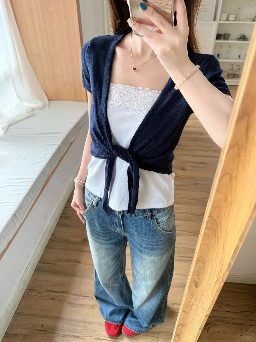 Cárdigan de punto con cordones azul marino para mujer, de algodón, cuello en V, ajustado, estilo smock, manga corta, vintage, sencillo y elegante, tops cortos Y2K, novedad