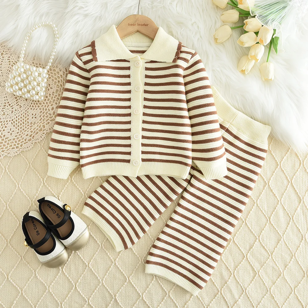 Girls Clothes Korean Striped Sweater Suit Long Sleeved Lapel Single Breasted Cardigan Top + Pants Autumn/winter 2-piece Set