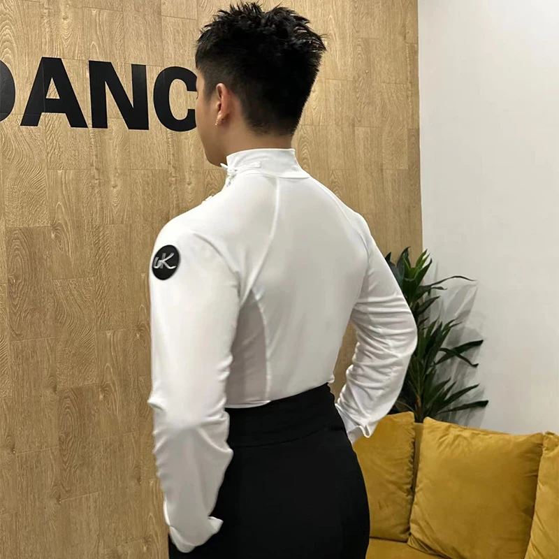 Men Latin Dance Clothes Long Sleeves White Black Tops National Standard Dance Performance Wear Rumba Ballroom Dance Tops NV21951