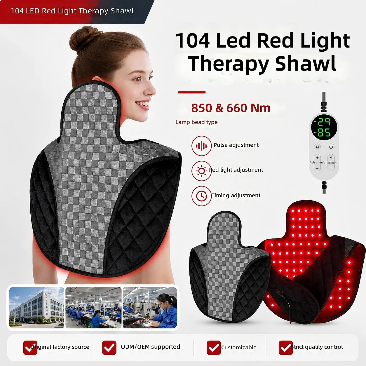 104 LED 3-in-1 Infrared Red Light Therapy for Shoulder Back Neck 660nm 850nm Wearable 5 Brightness 9 Timer Body Care