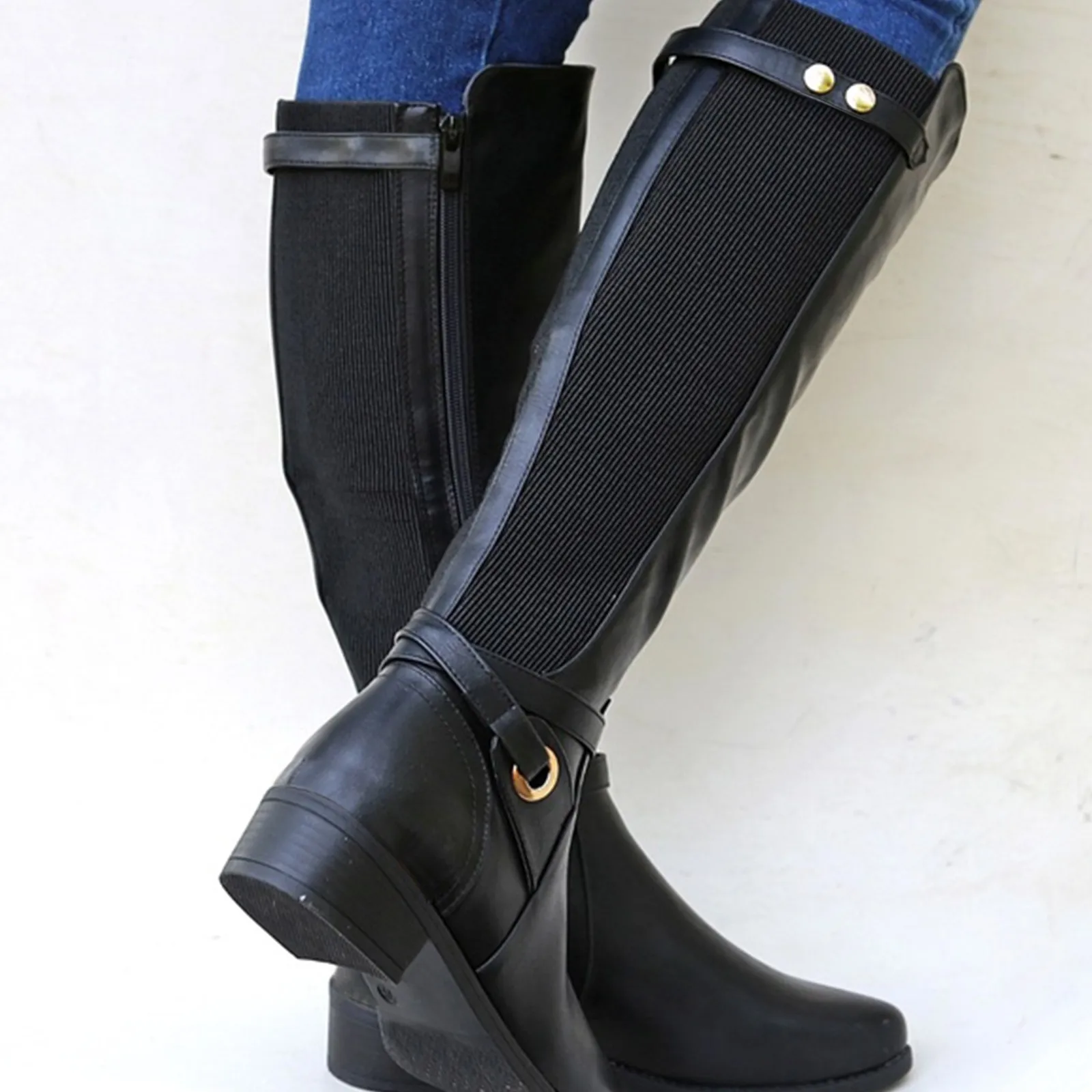 Black Square Heel PU Leather Boots For Women Autumn Winter Knitted Long Booties Knee Tight High Boots Classic Black Botas Mujer