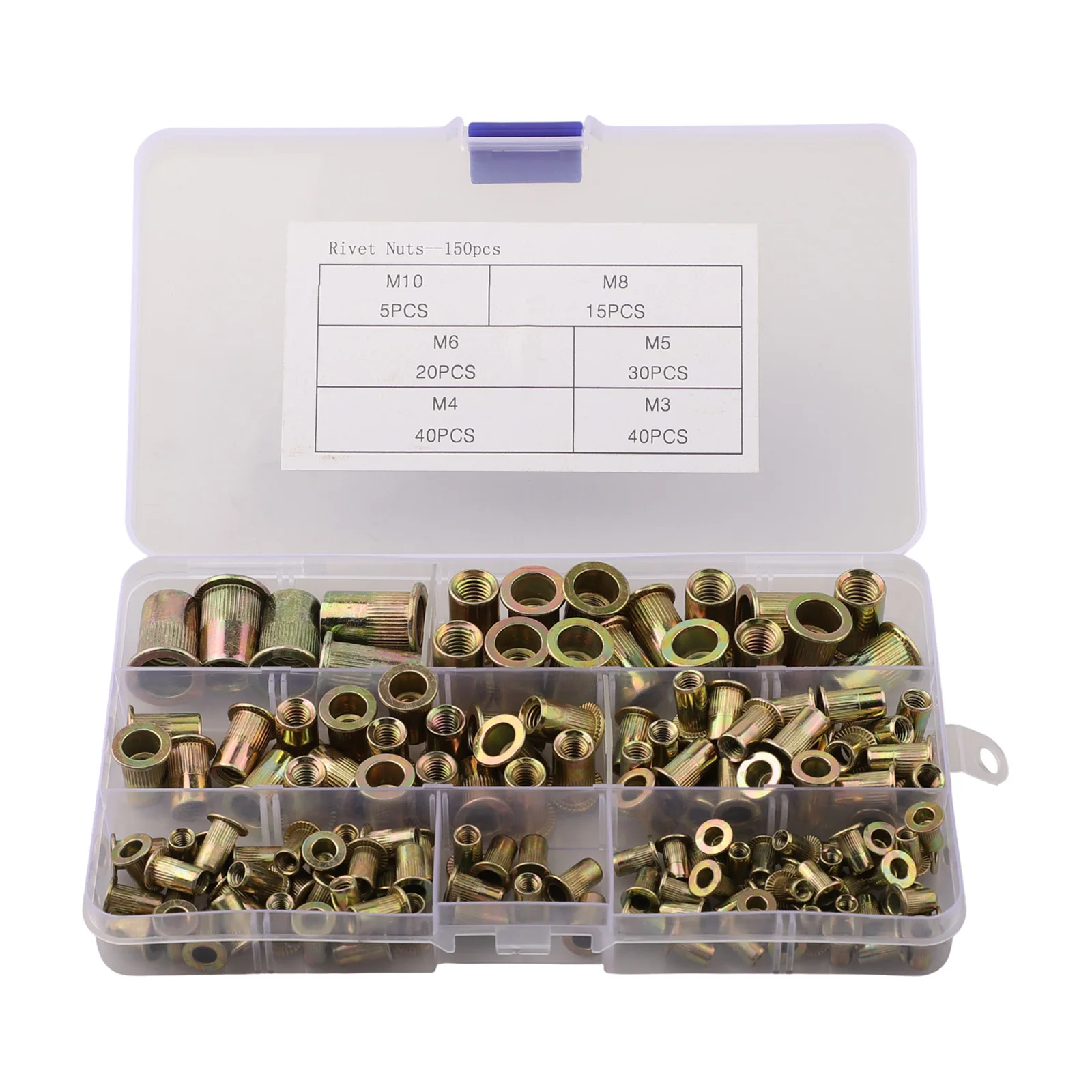 Kit assortimento di dadi per rivetti da 150 pezzi Set di dadi zincati con 6 dimensioni per assemblaggio di mobili e progetti automobilistici