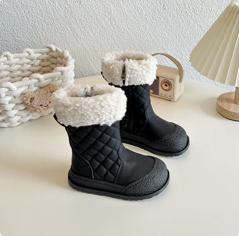 Stivali da neve da ragazza Cucito Tinta unita Chic antiscivolo Punta tonda Stivali lunghi per bambini Stivali lunghi in pile caldo al ginocchio Scarpe invernali per bambini 26-36