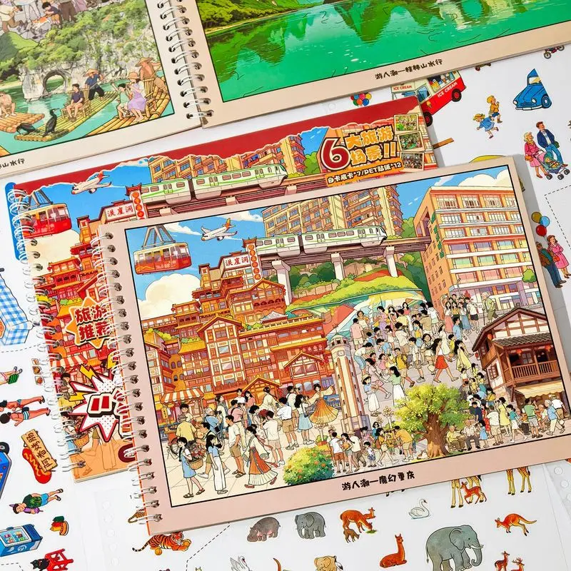 19Pcs Crowd Travel Escape Plan PET Scene Stickers, City Tour Diorama Decals for Scrapbook Journal DIY Crafts