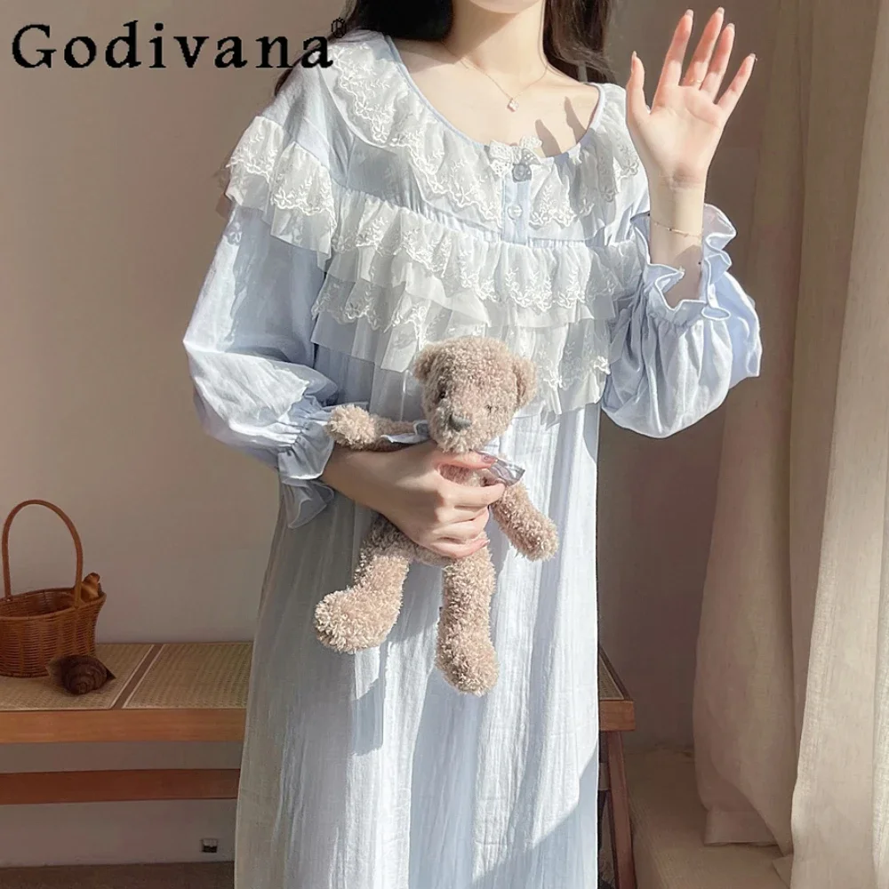 Cotton Sweet Princess Pajamas Spring and Autumn Court Style Nightgowns Homewear Long Dress Sleepwear