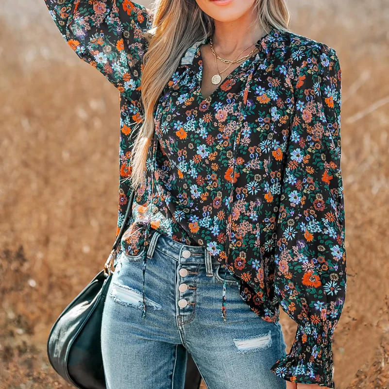 Plus Size Women's Shirt, Flower Print V-Neck, Long Sleeves with Ruffles, Casual Resort Style, Suitable for All Seasons image 4