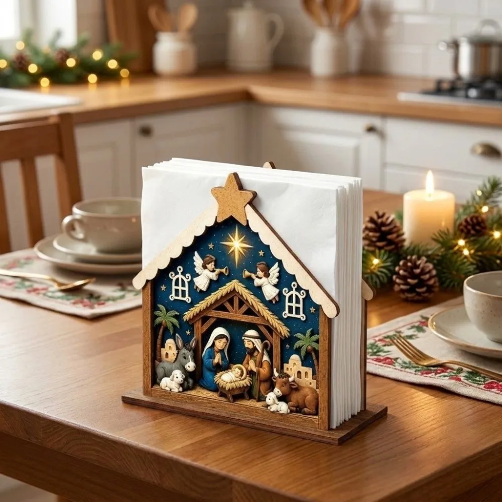 Wooden Christmas Napkin Holder Christmas Nativity Scene Pattern 2D Flat Tissue Organizer Angels Design Christmas Tree
