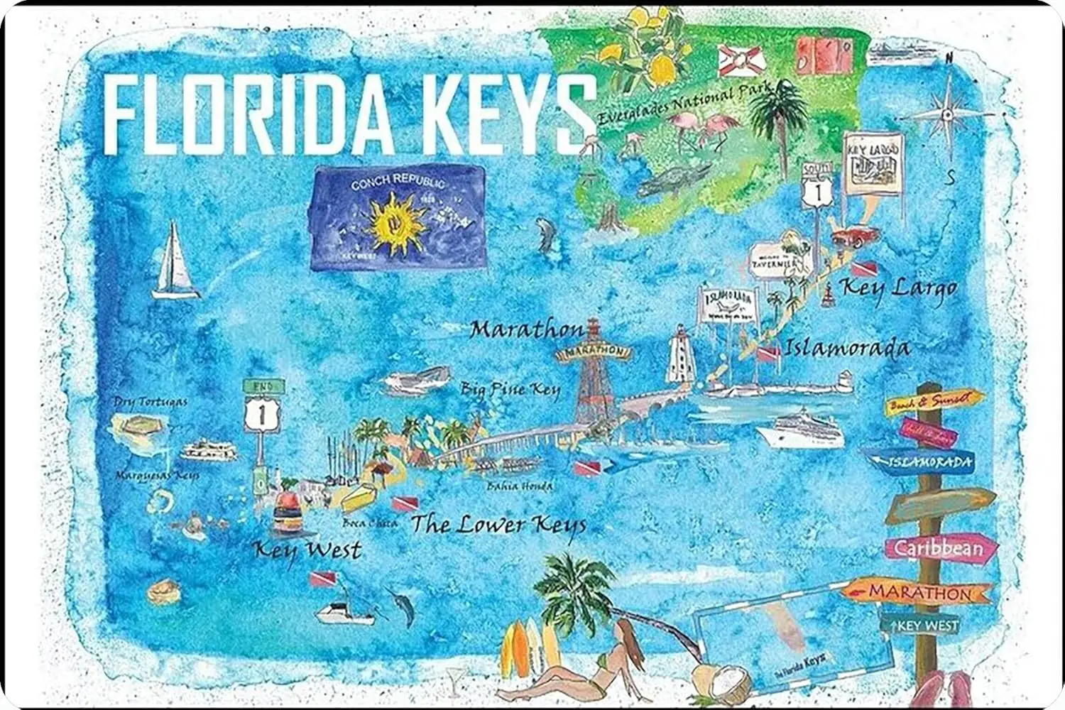 Florida Keys Key West Marathon Largo Illustrated Travel Poster Favorite Map 2Nd Signpost Edition Vinatge Rusty Tin Sign Mteal Wa