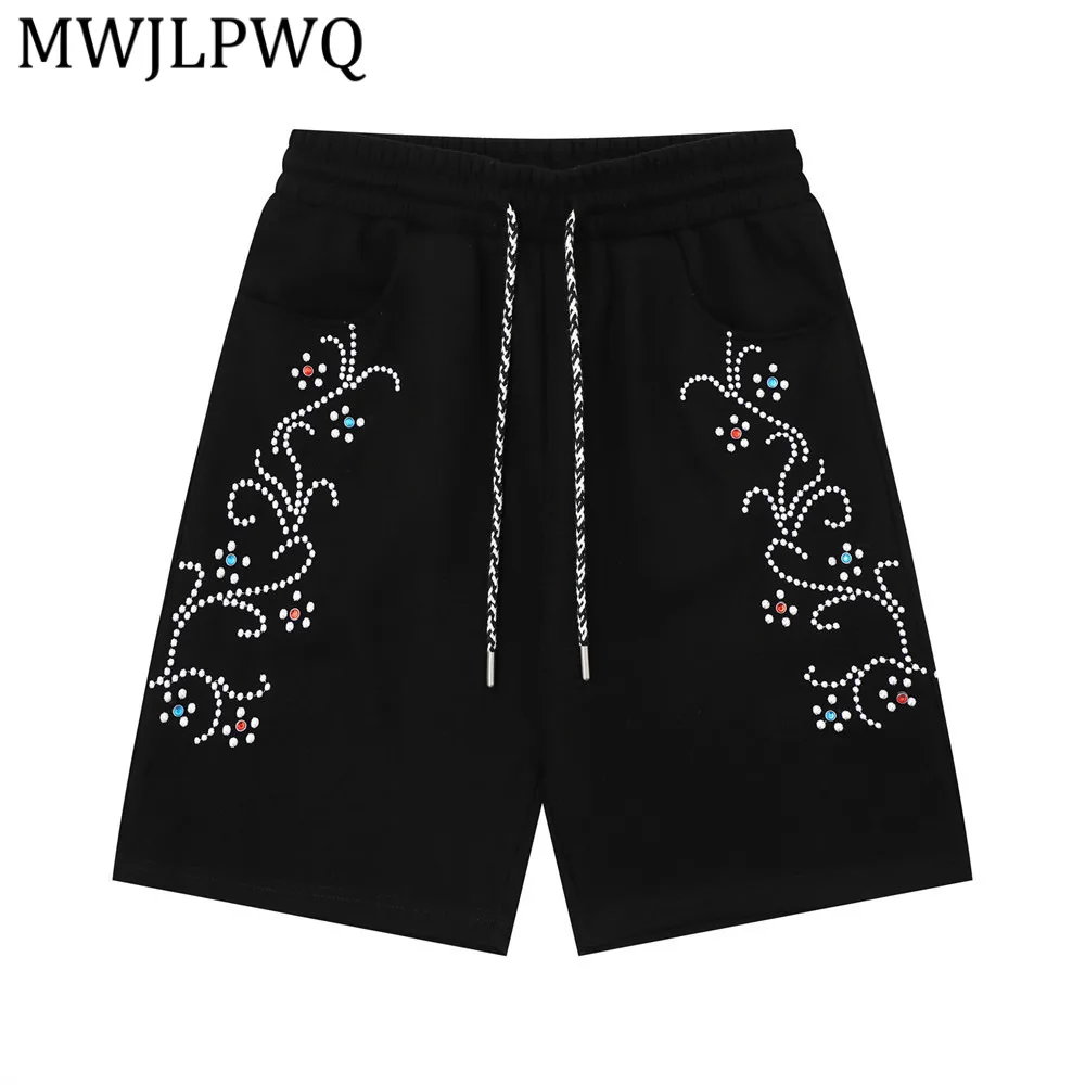 MWJLPWQ Stylish Rhinestone Embroidered Casual Shorts For Men Summer Vibe Fashion Hip-Hop Trendy Loose-Fit Sports Pants New 15124