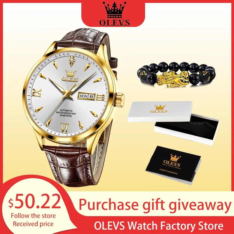 

OLEVS 9956 Waterproof Business Mens Automatic Mechanical Watch Dual Calendar Leather strap Luminous Original Wristwatch for Man