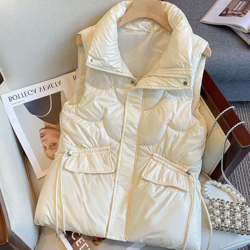

Shiny Finish Short Style Loose Fit Stand-up Collar Waistcoat Winter Outerwear Women's Down Cotton Waistcoat Required