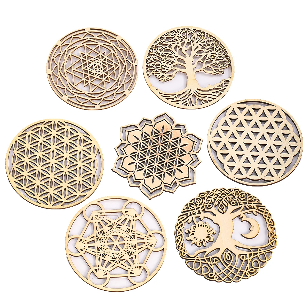 3.9inch Wooden Hollow Board Rustic Wall Hanging Decor Sacred Geometry Chakra Yoga Meditation Spiritual Symbol Coaster Pad Mat
