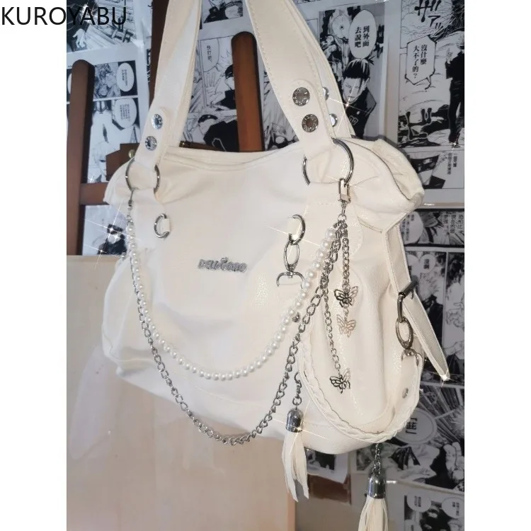 Harajuku Women\'s Handbags Y2k Leather PU Top-Handle Bags Fashion Vintage Chain Beading Shoulder Bag Chic Butterfly Bolsa Mujer