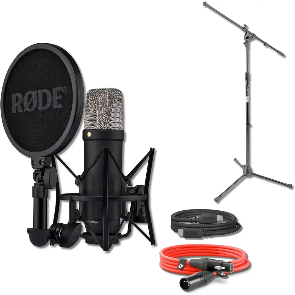 

Конденсаторный микрофон Rode NT1 5-го поколения (черный) с подставкой для европейской стрелы MS7701B On-Stage и кабелем XLR