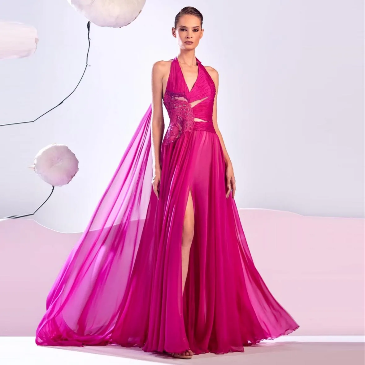 Ethereal  Hot Pink Evening Dress  A-line V-neck Holow Out Chiffon Woman Clothes Custom Made Prom Dress With Slit Ever Pretty