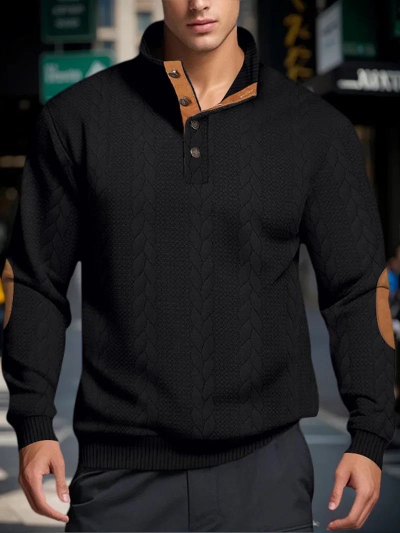 Suéteres de punto Jacquard para hombre, suéteres cálidos con cuello levantado y botones, sudadera informal de manga larga para exteriores