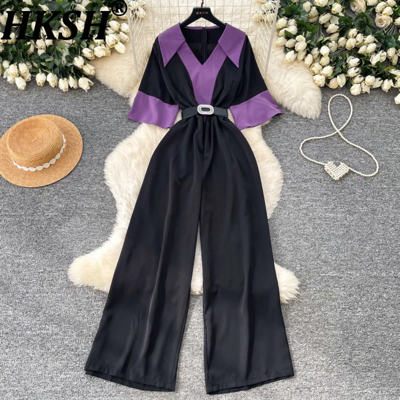 HKSH Women Jumpsuit Turn-downn Collar Short Sleeves Color Block Waist Cinching Elegant Office Lady Wide Leg Pants Summer HK21051