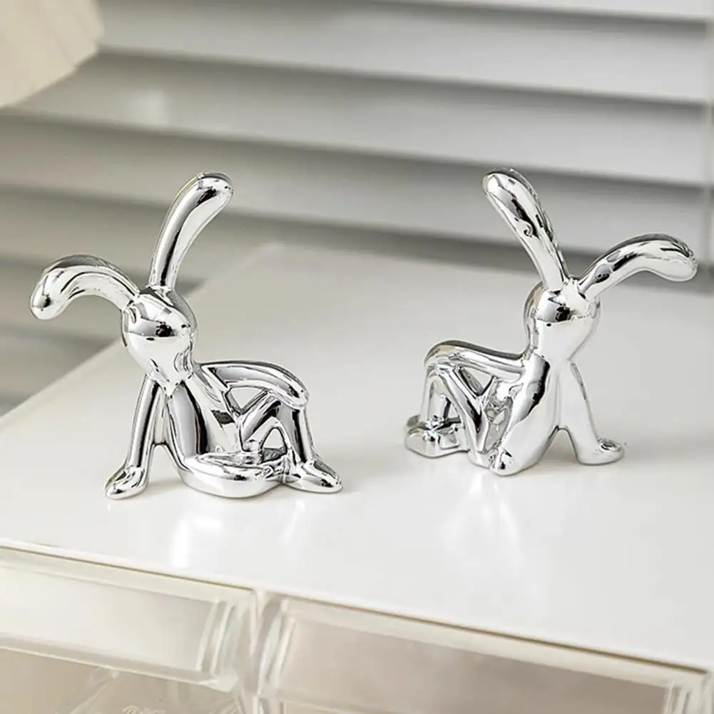 2Pcs Electroplating Rabbit Statue Long Ear Bunny Figurine Adhesive Sitting Rabbit Model Statue Car Dashboard Christmas Gift