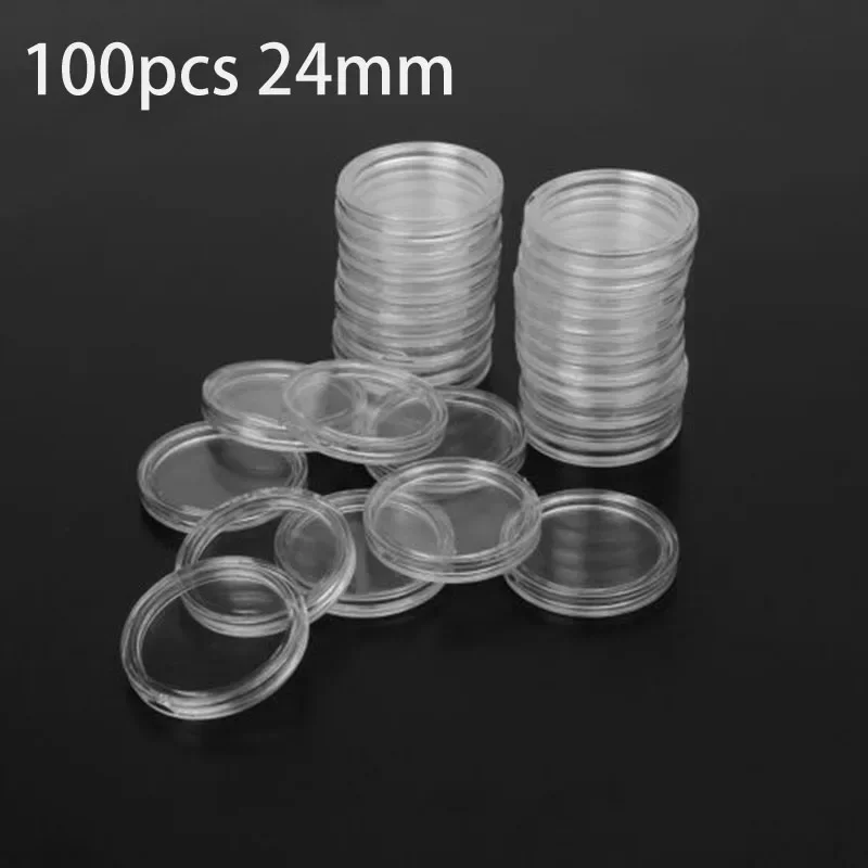 100cs 24mm Coins Capsules Holder Clear Round Plastic Coin Container Case Transparent Collectable Coins Storage Gifts Boxes