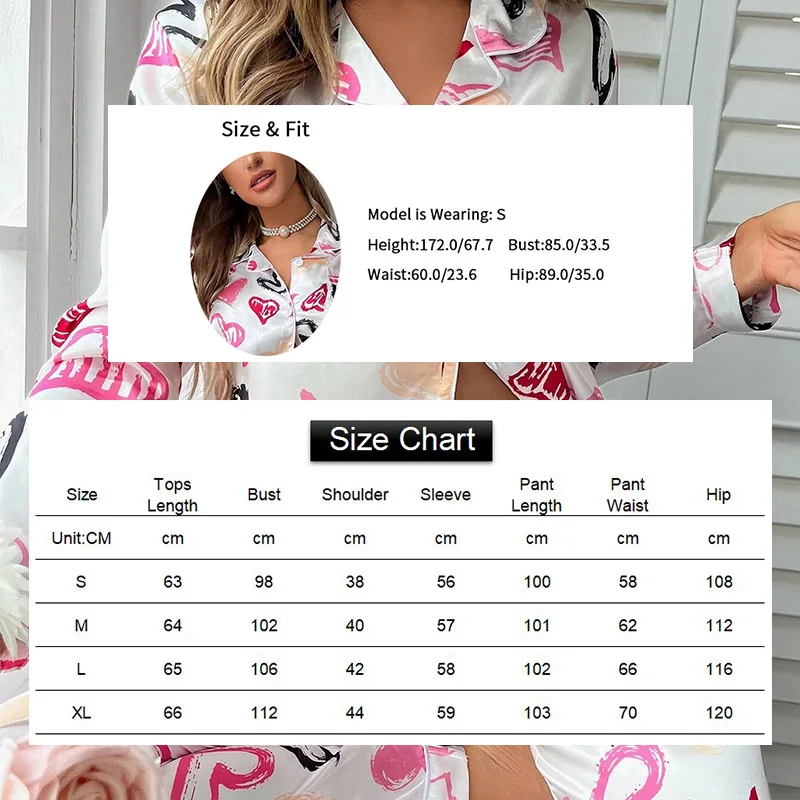 Women\'s Pajamas Heart Printed Sleepwear Summer Satin Long Sleeve Pajama Pants 2 Piece Pyjama Femme Loungewear Home Clothes Suit