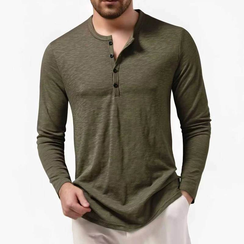 Men's Casual Solid Color T-Shirts Autumn O Neck Long Sleeve T Shirt Fashion Button Henry Collar Daily Hip Hop Mens Clothing
