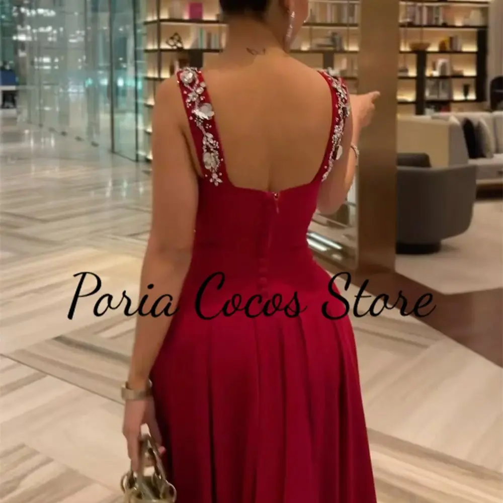 Customized Elegant A-line Party Gown Square Neck With Crystal Sleeveless Pleated Front Split Back Zipper Women\'s Full Length Eve