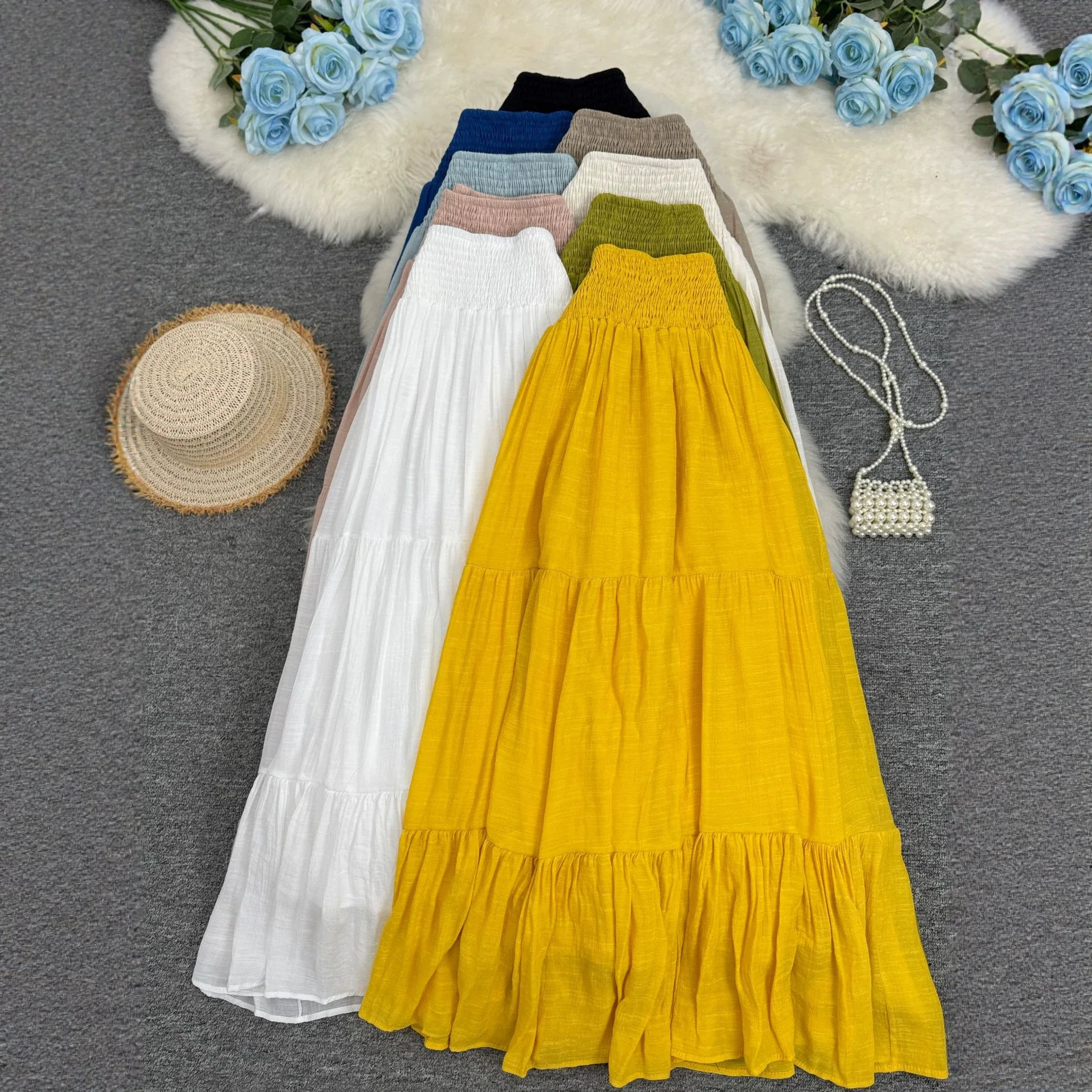 Cotton And Linen Pleated Wide Waist Casual Big Swing Skirt Holiday Style Beach Thin A-shaped Long Skirt