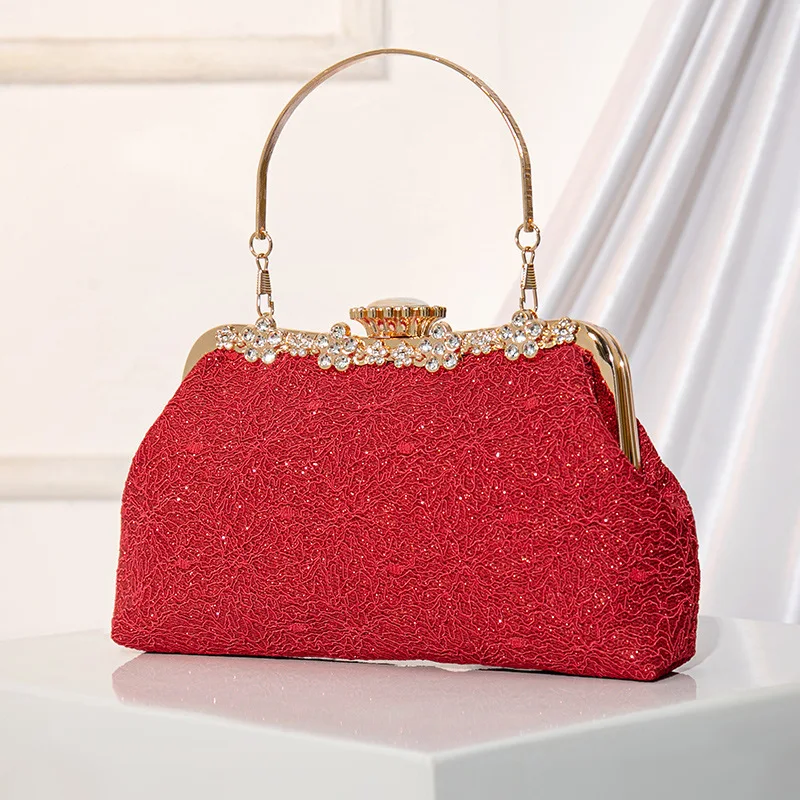 

Lace Covered Luxury Handbag Lady Party Evening Chain Crossbody Shoulder Bags Women Elegant Top-Handle Bag Red Noble Clutch Bag