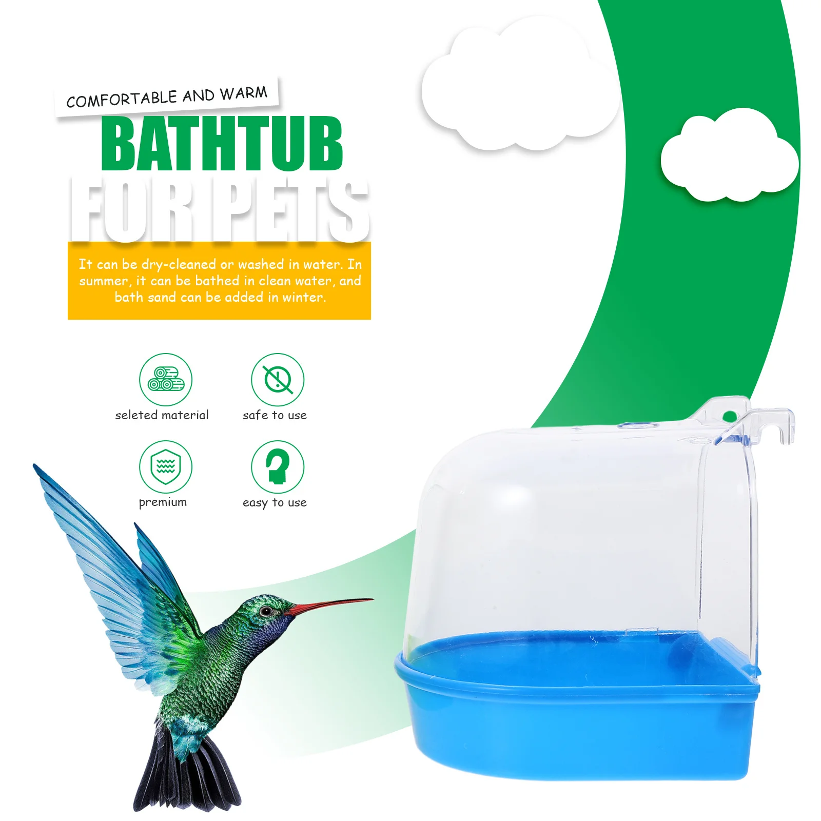 

2Pcs Bird Bathtubs Creative Transparent Design Curved Opening Easy Hang Outside Cage Bathing Tub Parrot Bathing Supplies