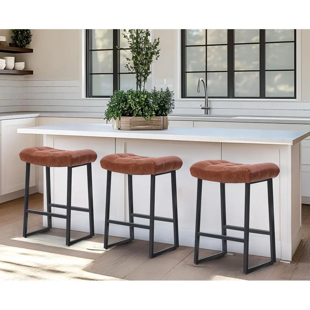 

Set of 3 24 Counter Height Backless Bar Stools with Upholstered Faux Leather Seats and Metal Frame, Brown