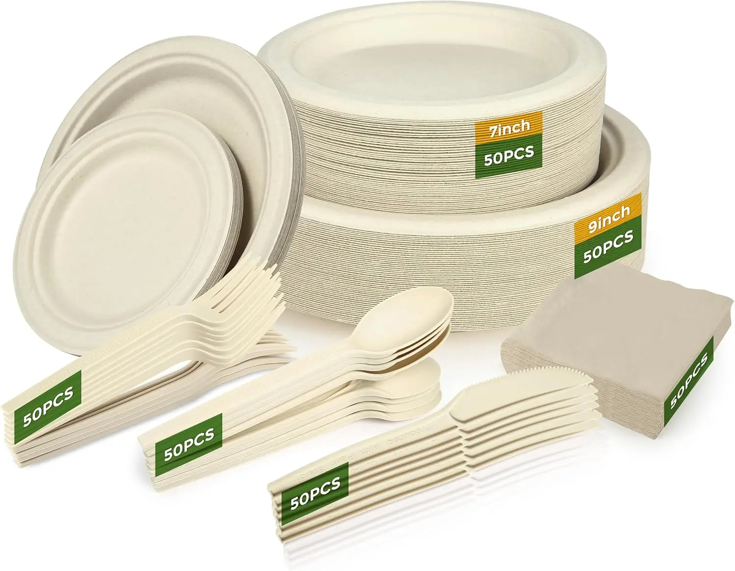 

300Pcs Disposable Paper Plates Set, Compostable Plate Sugarcane Utensils Dinnerware Kit Ludes 50 Biodegradable Plates, Forks,
