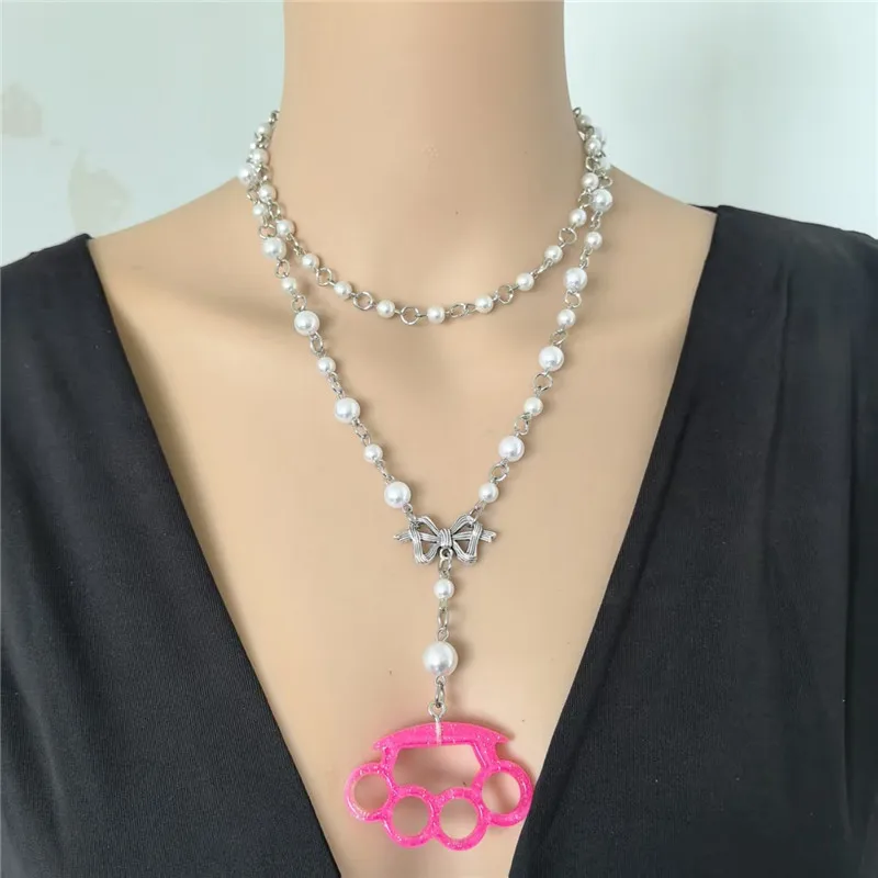 2000s Harajuku Vintage Kawaii Cute Imitation Pearl Bow Knuckle Brace Necklace Gothic English Punch Fist Gyaru Scene Accessories