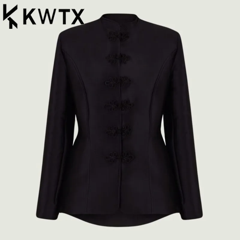 

Новая женская винтажная куртка KWTX 2026 в китайском стиле, элегантная, приталенная, черная, укороченная, с застежкой-липучкой, воротником-стойкой, для России