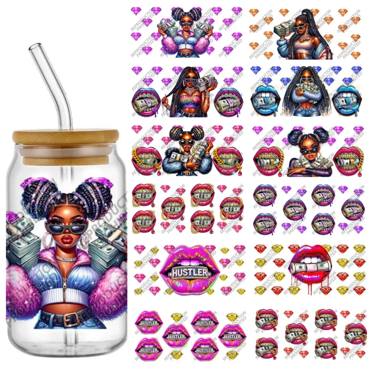 

Street style hip-hop black girl UV Sticker Party DIY Decals 3D transfers uvdtf tumbler seal stickers 16oz uv dtf cup wraps