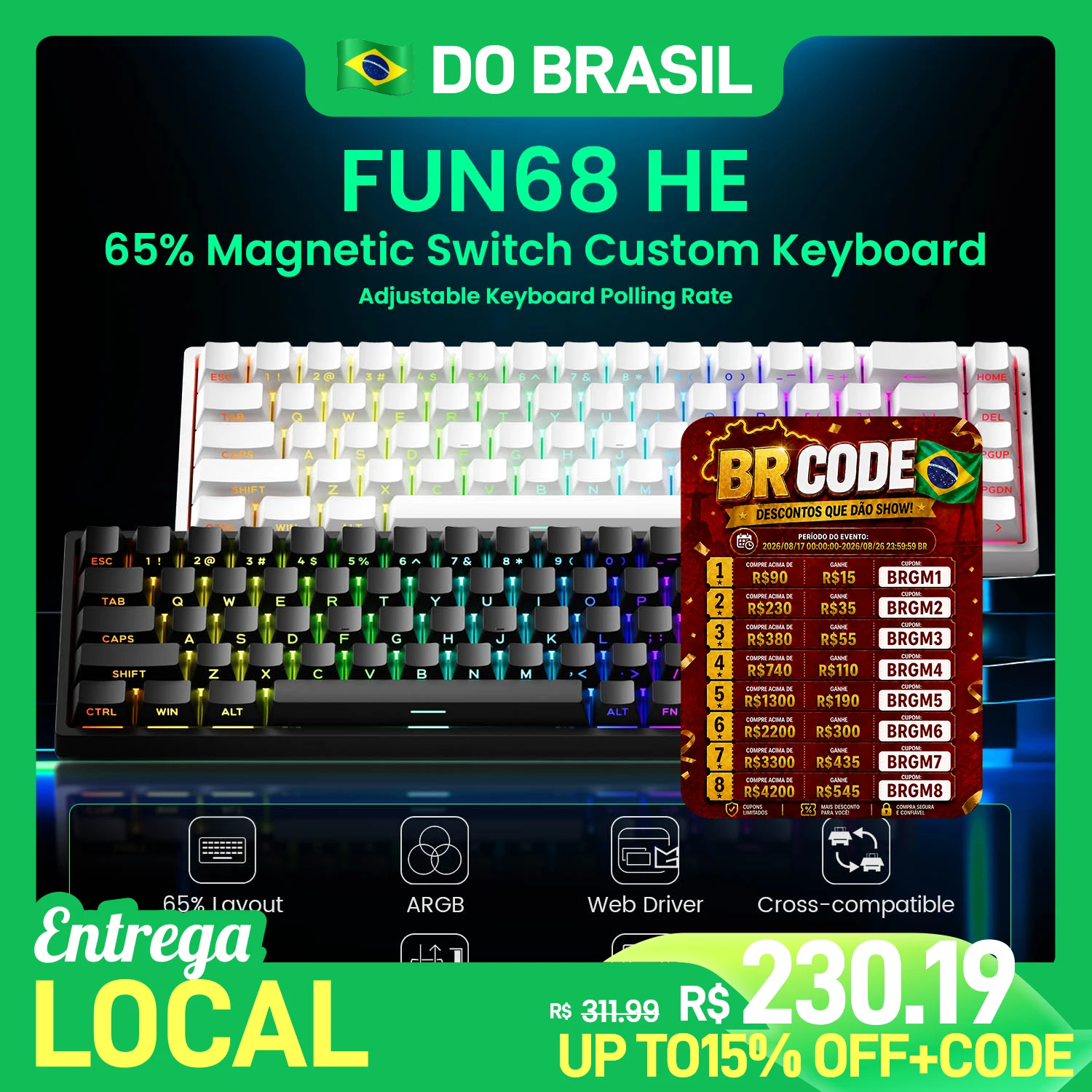 Akko x monsGeek fun68 he teclado magnético 65% gatilho rápido 0.005mm 8k argb com fio esports jogos teclado personalizado para gamer